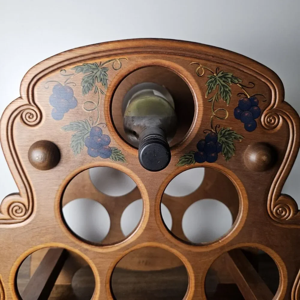 Vintage 1980s Wooden Wine Rack Hand Painted Grapes Holds 6 Bottles Rustic